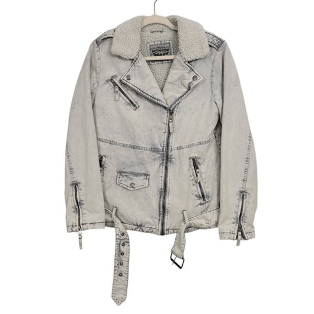 Levi's Acid Wash Cotton Sherpa Oversized Moto Jacket Sz S Light Gray‎ Belted